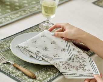 Set of 4 French Country Placemats, Pomegranate Floral Napkins, Green Table Linens