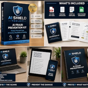 May include: A promotional image for the AI Shield Toolkit, a fraud prevention kit. The image includes a box, a mug, a laptop, a tablet, a phone, and a notebook, all branded with the AI Shield logo. The kit includes a PDF guide, checklists, templates, and bonus tools.