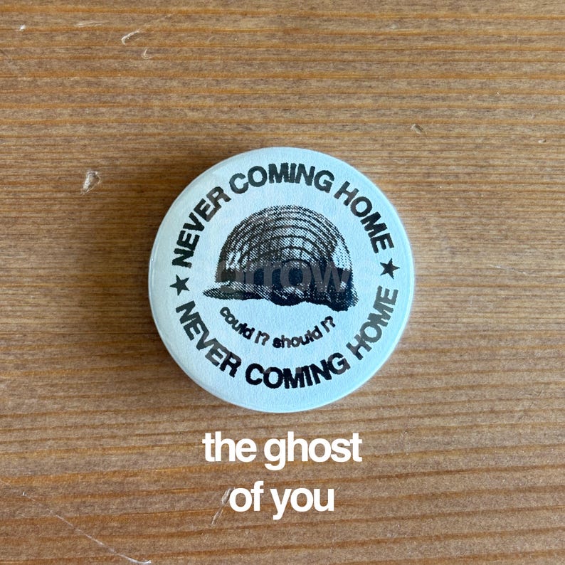 May include: A round, light blue button with the text "NEVER COMING HOME" encircling a black and white illustration of a helmet. The text "could I? should I?" is below the helmet. The text "the ghost of you" is below the button.