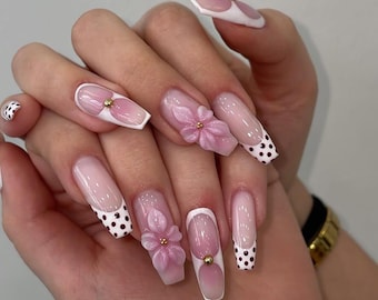 Pink French Tip 3D Nails | Flower Polka Dot Design | Elegant Bridal Press On Set