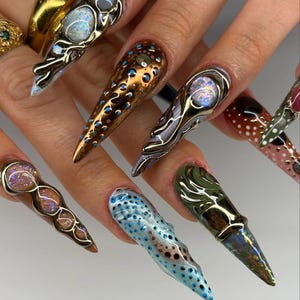Handmade Metallic Ocean Abstract Nails Long Stiletto Chrome Art Nail Set Luxury Statement Design