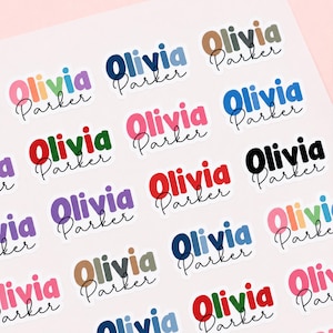 Puede incluir: Una hoja de etiquetas adhesivas rectangulares con el nombre Olivia en letras negritas y coloridas sin remates, con el nombre Parker escrito debajo en una caligrafía cursiva negra. Las etiquetas presentan varias combinaciones de colores diferentes.