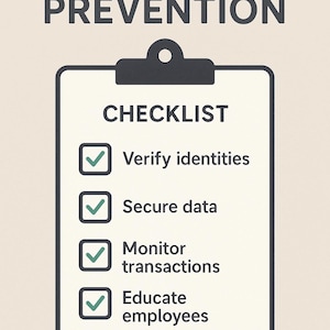 Könnte beinhalten: Eine Checkliste zur Betrugsprävention auf einem Klemmbrett. Die Liste umfasst "Identitäten verifizieren", "Daten sichern", "Transaktionen überwachen" und "Mitarbeiter schulen", jeweils mit einem grünen Häkchen. Der Titel lautet "BETRUGSPRÄVENTION".
