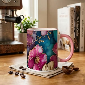 Floral Ceramic Mug 11oz, Abstract Pink Teal Flowers Coffee Cup, Artistic Botanical Tea Mug, Elegant Kitchen Decor Gift for Her, Flower Mug