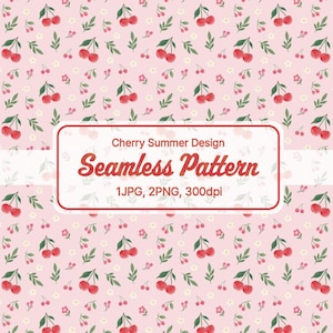 Può includere: Un motivo continuo con ciliegie rosse, foglie verdi e piccoli fiori bianchi ad acquerello su sfondo rosa chiaro. Un'etichetta rettangolare bianca con bordo rosso riporta il testo: Cherry Summer Design Seamless Pattern 1JPG, 2PNG, 300dpi.