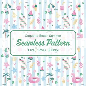 Puede incluir: Un patrón sin costuras con fondo de rayas azul claro e ilustraciones en acuarela de bañadores, palmeras, sombrillas de playa, flamencos rosas, conos de helado, rodajas de sandía y estrellas de mar. El texto dice Coquette Beach Summer Seamless Pattern 1JPG, 1PNG, 300dpi.