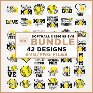 May include: A collection of 42 softball-themed SVG and PNG designs. The designs include softball graphics, hearts, and text such as "Live Love Softball," "Softball Mom," and "Senior Softball." The designs are in yellow and black.