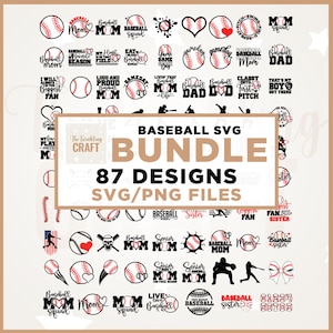 Pakiet SVG z motywami baseballowymi, 87 projektów, dzień meczu, mama (pliki SVG/PNG)