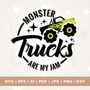 May include: A graphic design featuring a monster truck with a lime green cab and black wheels. The text reads "MONSTER Trucks ARE MY JAM" in a bold, playful font, surrounded by stars. The design is set against a light beige background.