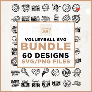 Peut inclure: Un ensemble de motifs SVG et PNG sur le thème du volleyball. L'image présente divers graphiques de volleyball, notamment des ballons, des cœurs et du texte tel que "Mom", "Squad" et "Gameday". Le lot comprend 60 motifs.