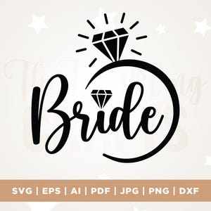 May include: A black and white graphic design featuring the word "Bride" in elegant script, encircled by a ring with a diamond. A smaller diamond is also present. The design is set against a light beige background with white stars.