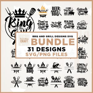 Pode incluir: Um pacote de 31 designs de churrasco e grelhados em formatos SVG e PNG. Os designs incluem textos como "King of the Grill", "Beer and BBQ" e "I like pig butt and I cannot lie". Os designs são em preto e branco.