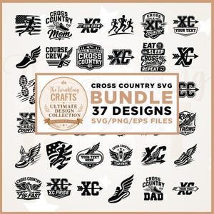 May include: A digital collection of 37 black and white cross country themed graphic designs featuring running shoes, silhouettes of runners, arrows, and text elements like XC, Cross Country, and Run Crew, presented as an SVG, PNG, and EPS file bundle.