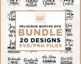 May include: A bundle of 20 religious quote designs in SVG and PNG file formats. The designs feature various phrases in Spanish, such as "Amor, Fe y Esperanza" and "Con Dios Todo Es Posible," with decorative elements.