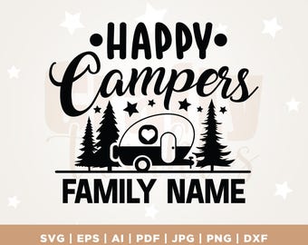 Archivos SVG de "Campistas Felices", archivos de corte para acampar en familia (descarga digital)