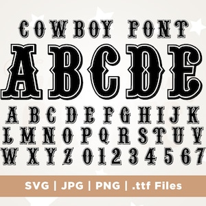May include: A black and white cowboy font set against a light beige background. The font includes uppercase and lowercase letters, along with numbers. The image also displays file type options: SVG, JPG, PNG, and .ttf files.