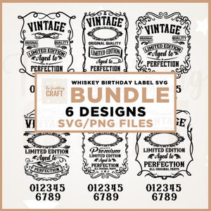 Puede incluir: Un conjunto de seis diseños de etiquetas de whisky en blanco y negro con las palabras "Vintage", "Limited Edition" y "Aged to Perfection". El paquete incluye archivos SVG y PNG. También se incluyen los números 012345 y 6789.