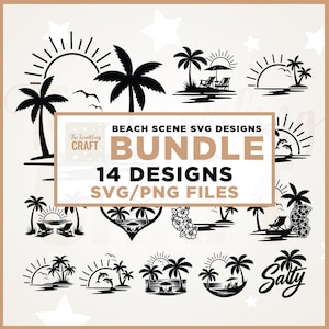 Op de afbeelding: Een verzameling zwart-witte SVG-ontwerpen met strandthema's. De ontwerpen omvatten palmbomen, zonnen, strandstoelen en het woord "Salty". De tekst in de afbeelding luidt "Beach Scene SVG Designs Bundle 14 Designs SVG/PNG Files".
