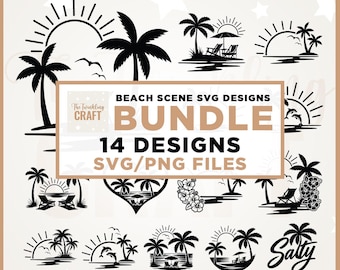 Beach Scene SVG Bundle, Beach Scenery SVG, Cricut, Png, Svg, Beach PNG, Ocean Sunset Svg, Beach Chair, Beach Fire Pit Svg, Tropical Island