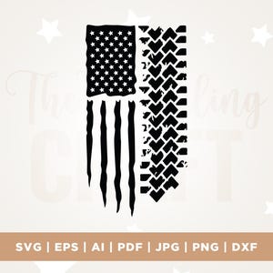 May include: A black and white graphic depicting the American flag, incorporating a tyre track design. The stars and stripes are present, with tyre tracks replacing the right stripes. The flag has a distressed appearance at the bottom. Text includes "SVG | EPS | AI | PDF | JPG | PNG | DXF".