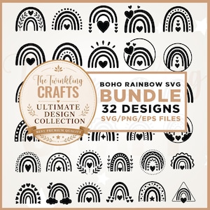 May include: A digital collection of 32 black and white rainbow graphic designs featuring various heart, star, and leaf motifs. The central circular label displays the text The Twinkling CRAFTS ULTIMATE DESIGN COLLECTION BOHO RAINBOW SVG BUNDLE.