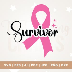 Puede incluir: Un lazo rosa con la palabra "Survivor" en escritura negra. El diseño incluye pequeñas estrellas rosas y los tipos de archivo SVG, EPS, AI, PDF, JPG, PNG y DXF.