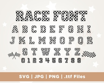 Könnte beinhalten: Schwarz-weiß karierte "RACE FONT" mit dem Alphabet und den Zahlen 0-9. Zwei karierte Flaggen befinden sich auf beiden Seiten der Schriftart. Das Bild enthält auch die Dateitypen: SVG, JPG, PNG und .ttf Files.