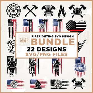 Può includere: Un pacchetto di design digitale con 22 file SVG e PNG a tema pompieri. I design includono sagome di vigili del fuoco, asce, elmetti, bandiere americane con emblemi dei vigili del fuoco e il testo "Firefighting SVG Design Bundle".