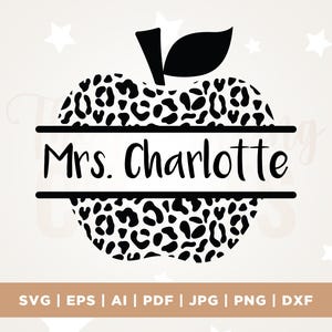 May include: A black and white apple design with a leopard print pattern. The text "Mrs. Charlotte" is displayed in a bold, black font across the center. The design includes a stem and leaf.