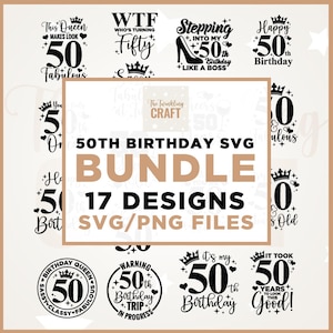 以下が含まれることがあります： 50歳の誕生日用の17個のSVGおよびPNGデザインのバンドル。 「This Queen Makes Look 50 Fabulous」や「Happy 50th Birthday」などのフレーズが含まれています。