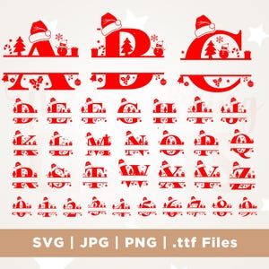 Puede incluir: Letras del alfabeto y divisores rojos con temática navideña, cada uno adornado con gorros de Papá Noel, árboles y muñecos de nieve. La imagen incluye formatos de archivo SVG, JPG, PNG y .ttf.