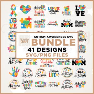 Può includere: Un pacchetto SVG per la consapevolezza dell'autismo con 41 design in formati SVG e PNG. I design includono pezzi di puzzle, cuori, nastri e testo come "Love", "Autism" e "Different". La tavolozza dei colori include blu, rosso, giallo e verde.