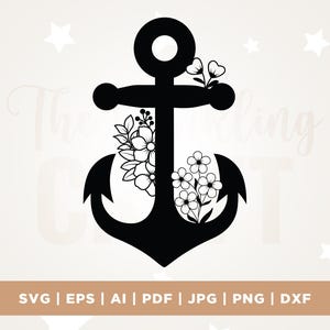 Puede incluir: Un diseño de ancla negra con detalles florales. El ancla está decorada con flores y hojas blancas. La imagen también incluye el texto "SVG | EPS | AI | PDF | JPG | PNG | DXF".