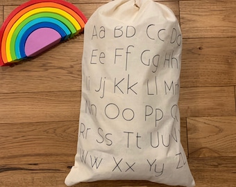 Kid’s Toy Bag- Alphabet Toy Bag- ABCs Bag- Drawstring Bag- Teacher Bag- Kid Bag- School Tote- Tote Bag