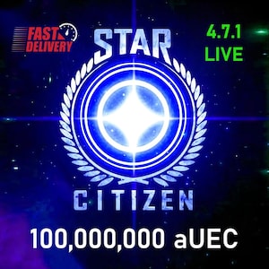 Peut inclure: Graphique numérique pour Star Citizen, avec un emblème bleu et blanc avec un motif d'éclat d'étoile. Le texte "STAR CITIZEN" est affiché, ainsi que "4.7.1 LIVE" et "100 000 000 aUEC". Un logo "FAST DELIVERY" est également présent.