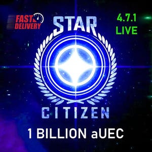 Puede incluir: Gráfico digital para "Star Citizen" sobre un fondo azul oscuro. La imagen presenta un emblema circular con un diseño de estrella brillante, las palabras "STAR CITIZEN" y el texto "1 BILLION aUEC". El texto adicional dice "4.7.1 LIVE" y "FAST DELIVERY".