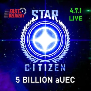 Peut inclure: Graphique numérique avec un motif d'éclat d'étoile bleu et blanc, les mots "STAR CITIZEN" et "5 BILLION aUEC". Le texte "4.7.1 LIVE" est en vert et "FAST DELIVERY" est en rouge.