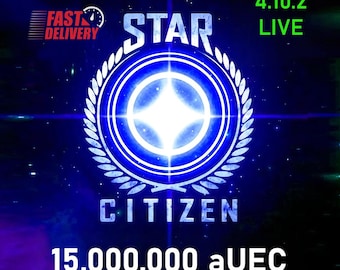Pode incluir: Um gráfico digital para Star Citizen com um emblema de estrela azul brilhante rodeado por uma coroa de louros. O texto diz FAST DELIVERY, 4.10.2 LIVE, STAR CITIZEN e 15.000.000 aUEC num fundo azul escuro com tema espacial.