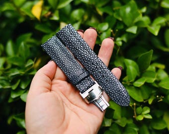 Handmade Black Stingray Leather Watch Strap Band, Customer Sizes 16mm-24mm, Tank, Vintage Style, Gift for men.