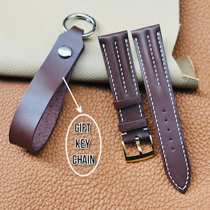 Bracelet de montre double faîte fait main, cuir marron Buttero, taille personnalisée 16 mm à 24 mm, porte-clés cadeau,