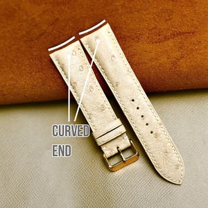 Handgjort klockarmband med böjd ände, beige strutsläder, anpassat 16 mm till 24 mm.