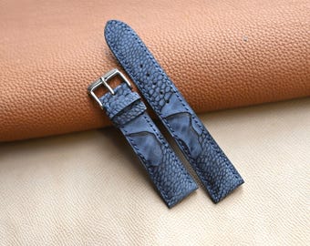 Waxed Navy Blue Ostrich Leather, Watch Strap Band, Handmade Customized sizes 24mm to 10mm, Vintage Style, Gift for men or women