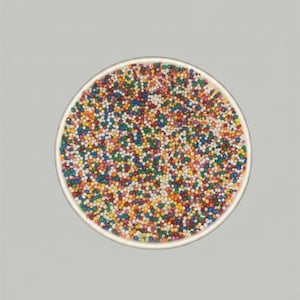 May include: A round, shallow bowl filled to the brim with a dense collection of tiny, spherical, multi-colored sugar sprinkles. The sprinkles feature a vibrant mix of red, yellow, green, blue, orange, and white colors, creating a textured surface.