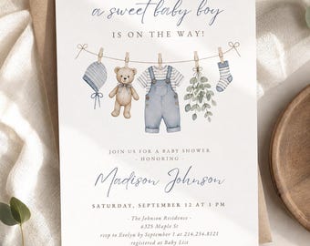 Boho Baby Boy Shower Invitation Template, Sweet Baby Boy Clothesline Invite, Teddy Bear Baby Shower, Blue Heirloom Canva Invitation