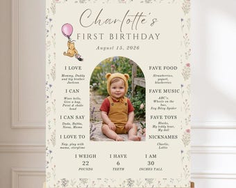 Winnie the Pooh First Birthday Milestone Board, 1st Birthday Milestone Sign, Classic Pooh Birthday Poster, One Year Old Sign, Canva Template