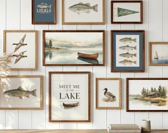 Lake House Wall Art Set of 20, Fishing Prints Decor, Vintage Fish Prints, Lake House Gallery Wall Set, Nautical Home Decor, Coastal Lake Art