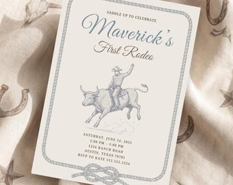 Cowboy First Rodeo Invitation | Vintage Western Birthday Invite | Editable 1st Birthday Canva Template | Bull Riding Party Invite