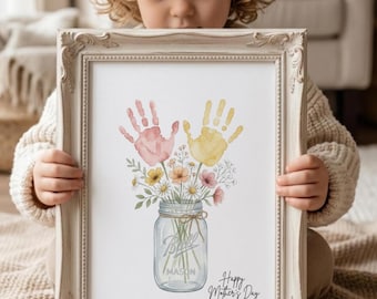 Flower Handprint Craft Art, Printable, Mothers Day, For Mom or Grandma Birthday Handprint, Gift from Kids or Grandkids, Mother's Day