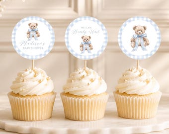 Blue Gingham Teddy Bear Baby Shower Cupcake Toppers, Bear Cupcake Topper Template, We Can Bearly Wait Baby Shower, Editable Canva