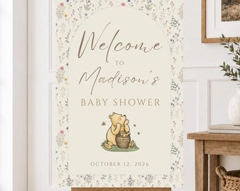 Winnie the Pooh Baby Shower Welcome Sign, Wildflower Baby Shower Decor, Classic Pooh Welcome Sign, Editable Canva Template, Baby Shower